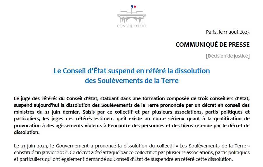 Le Conseil d’Etat suspend la dissolution des Soulèvements de la terre